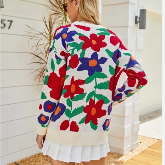 New Crew Neck Ivory Floral Knit Sweater with Red, Blue, Green, Orange Flowers - Picture 8 of 17